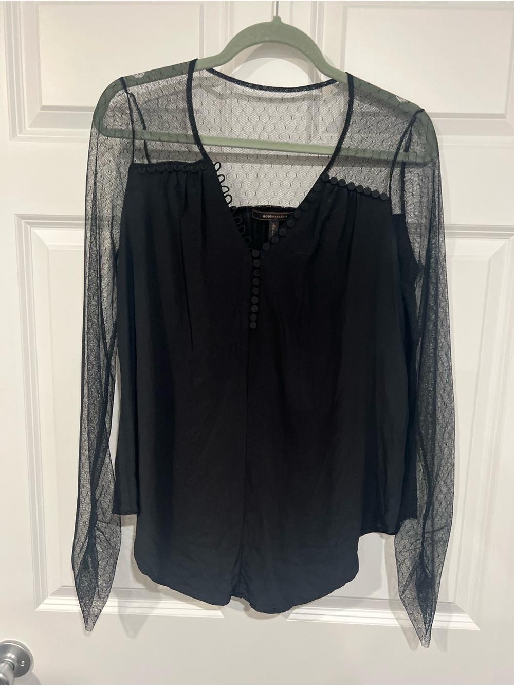 BCBGMaxAzria Black Sheer-Sleeve V-Neck Blouse